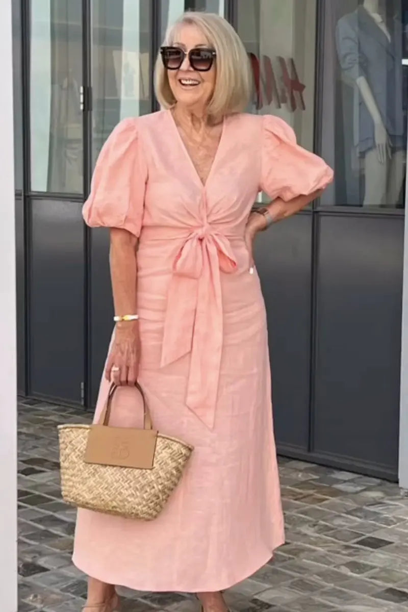 LINORA | VESTIDO MIDI ELEGANTE COM DECOTE EM V